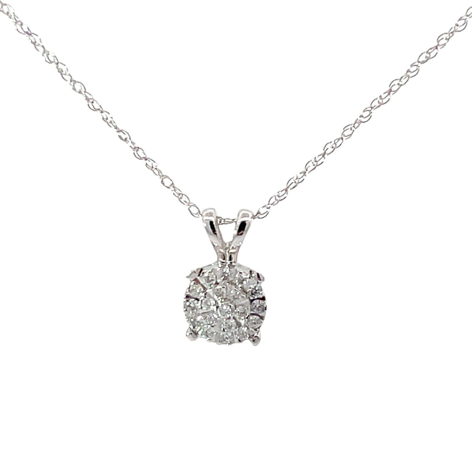.jpg 14kt white gold diamond illusion cluster pendant on machine made rope 18" D tw 0.10cts SI2, I