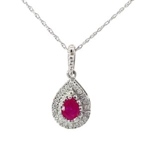 14kt white gold pear shape ruby and diamond halo pendant on machine made rope 18" D tw 0.10cts SI, h/i