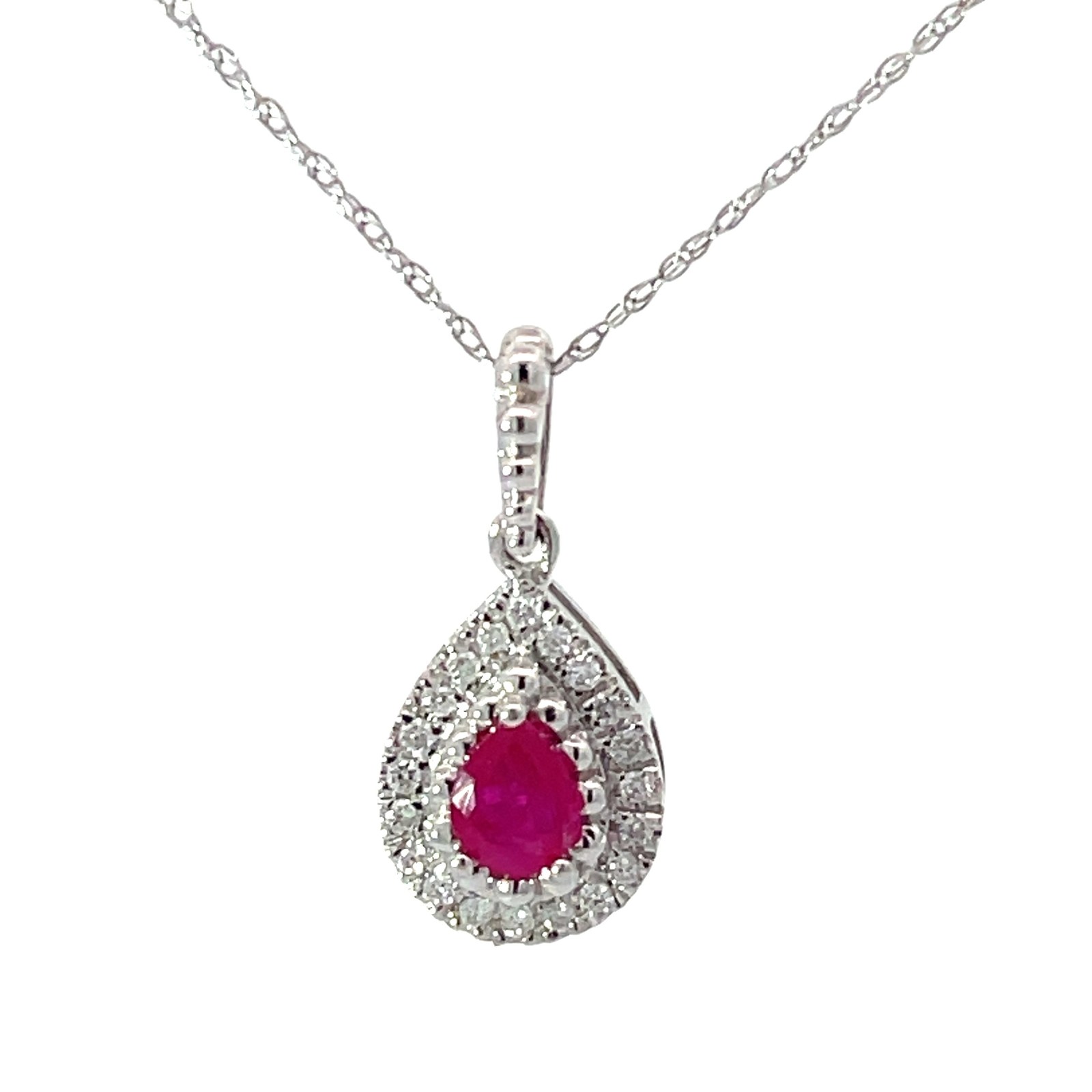 .jpg 14kt white gold pear shape ruby and diamond halo pendant on machine made rope 18" D tw 0.10cts SI, h/i