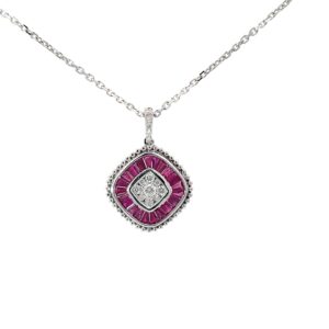 14kt white gold diamond and ruby pendant on 0.9mm diamond cut cable 18" D tw 0.25cts R tw 1.78cts