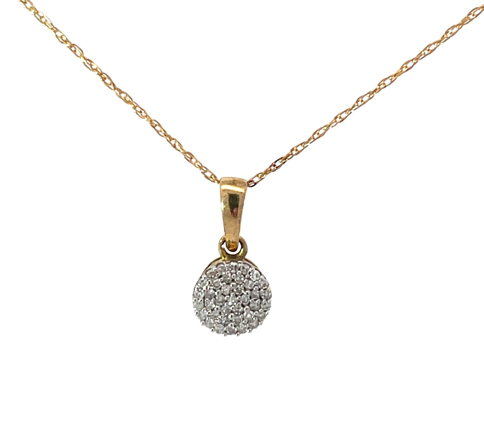 .jpg 10kt yellow gold diamond circle cluster pendant on machine made rope 18" D tw 0.10cts