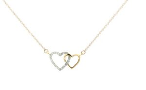 10kt two tone double diamond heart pendant on machine made rope D tw 0.07cts SI, near colorless I color