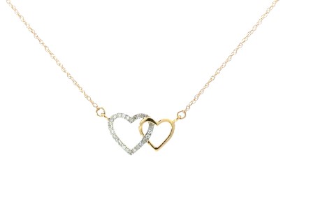 .jpg 10kt two tone double diamond heart pendant on machine made rope D tw 0.07cts SI, near colorless I color