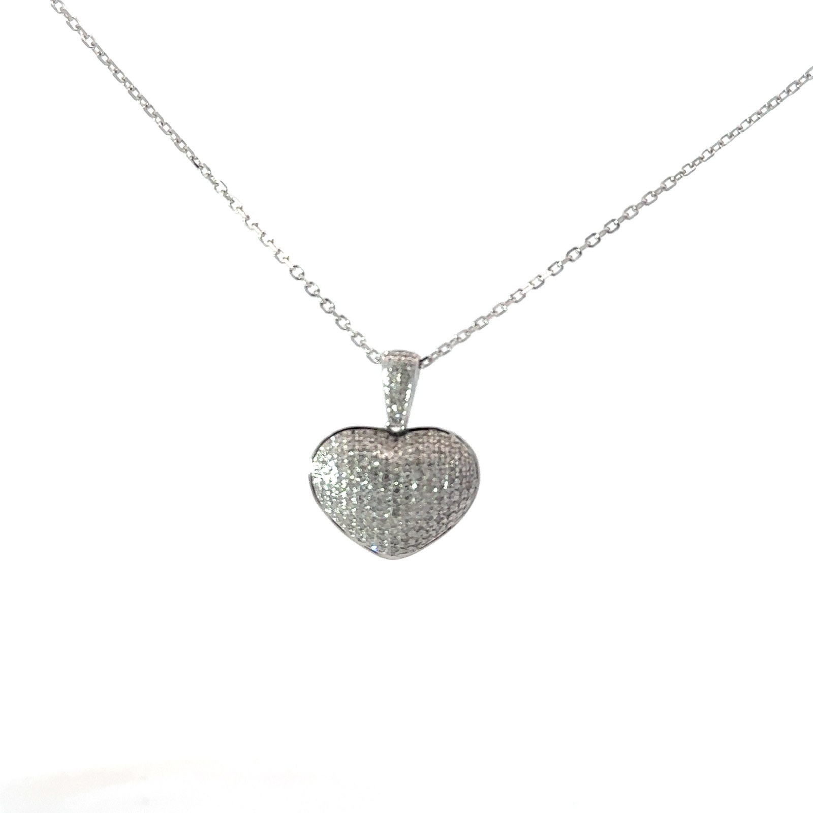 10kt white gold diamond puffed 3D heart pendant D tw 0.50cts SI, near colorless H on diamond cut cable 18"