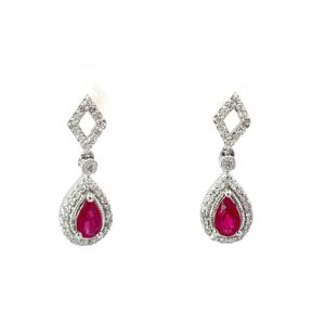 10kt white gold diamond and ruby dangle pear shape earring D tw 0.20cts SI, I with screw backs