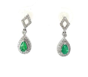 10kt white gold dangle diamond and emerald pear shape earring D tw 0.20cts SI, I with screw backs