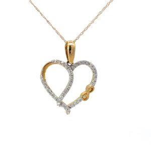 14kt yellow gold diamond heart infinity necklace on machine made rope 18" D tw 0.25cts SI, H