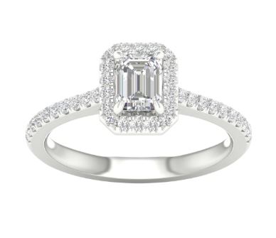 14kt white gold LAB GROWN emerald cut diamond halo eng ring C tw 0.75cts tw 1.00cts VS,I IGI certif.