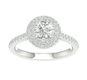 14kt white gold LAB GROWN round double diamond halo eng ring tw1.15cts VS,I IGI certif.