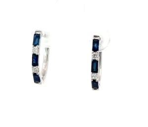 14kt sapphie and diamond baguette huggie hoop earring D tw 0.10cts SI clarity, near colorless H