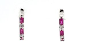 14kt white gold diamond and ruby baguette huggie earing tw 0.04cts SI, near colorless I color