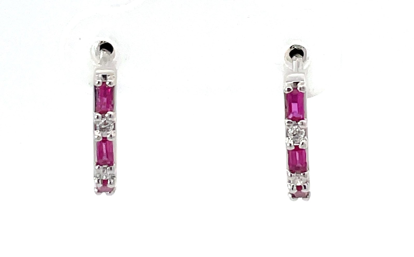 .jpg 14kt white gold diamond and ruby baguette huggie earing tw 0.04cts SI, near colorless I color