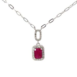 14kt white gold ruby and diamond halo emerald cut pendant on paperclip necklace D tw 0.17cts R tw 1.01cts