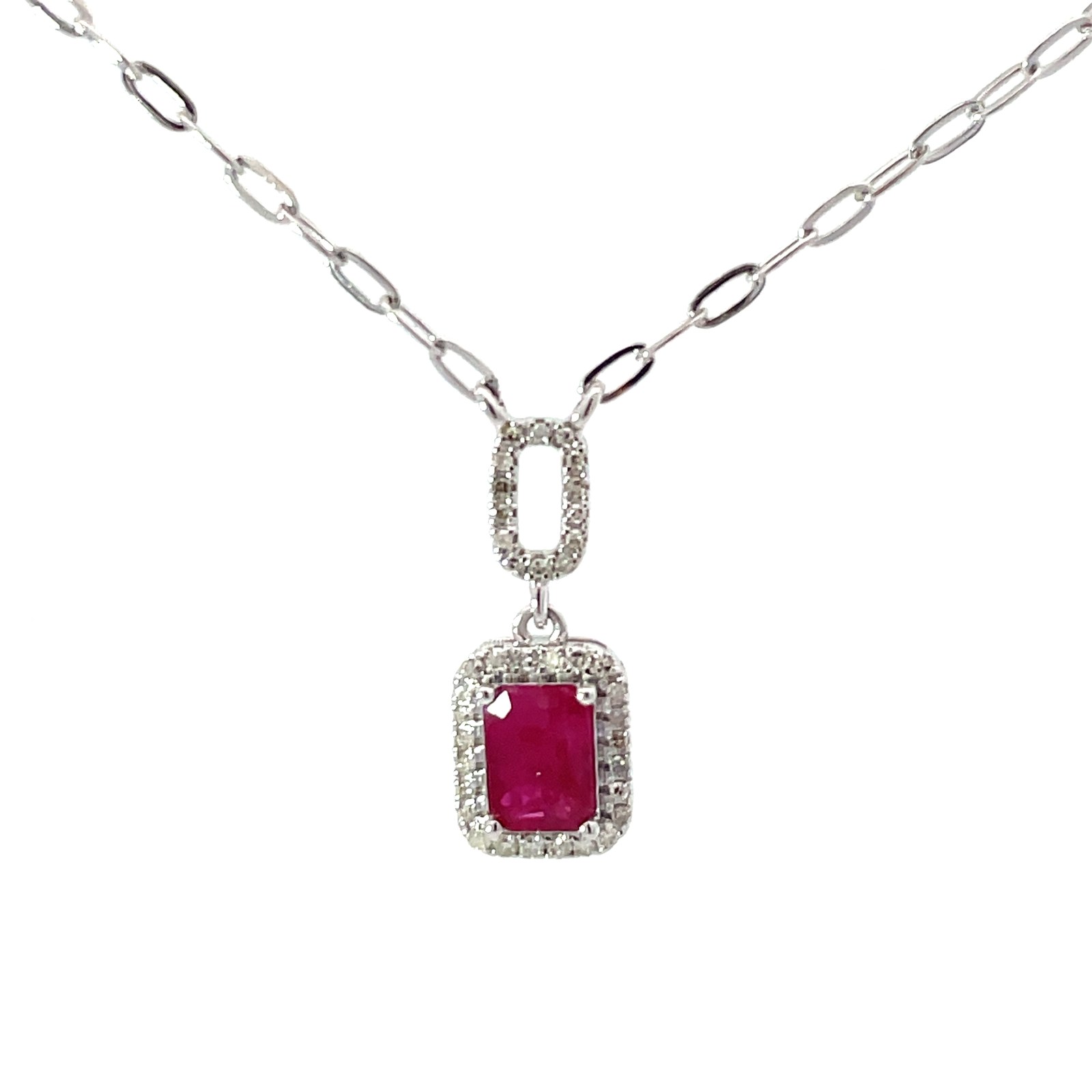 .jpg 14kt white gold ruby and diamond halo emerald cut pendant on paperclip necklace D tw 0.17cts R tw 1.01cts