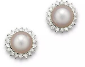 14kt white gold diamond and cultured pearl halo stud earring with screw backs D tw 0.16cts SI, near colorless H