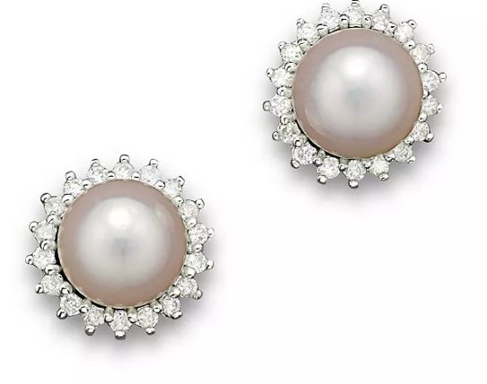.jpg 14kt white gold diamond and cultured pearl halo stud earring with screw backs D tw 0.16cts SI, near colorless H