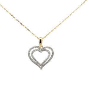 10kt two tone double diamond heart pendant D tw 0.20cts SI clarity, near colorless H/I color on diamond cut cable chain 18"