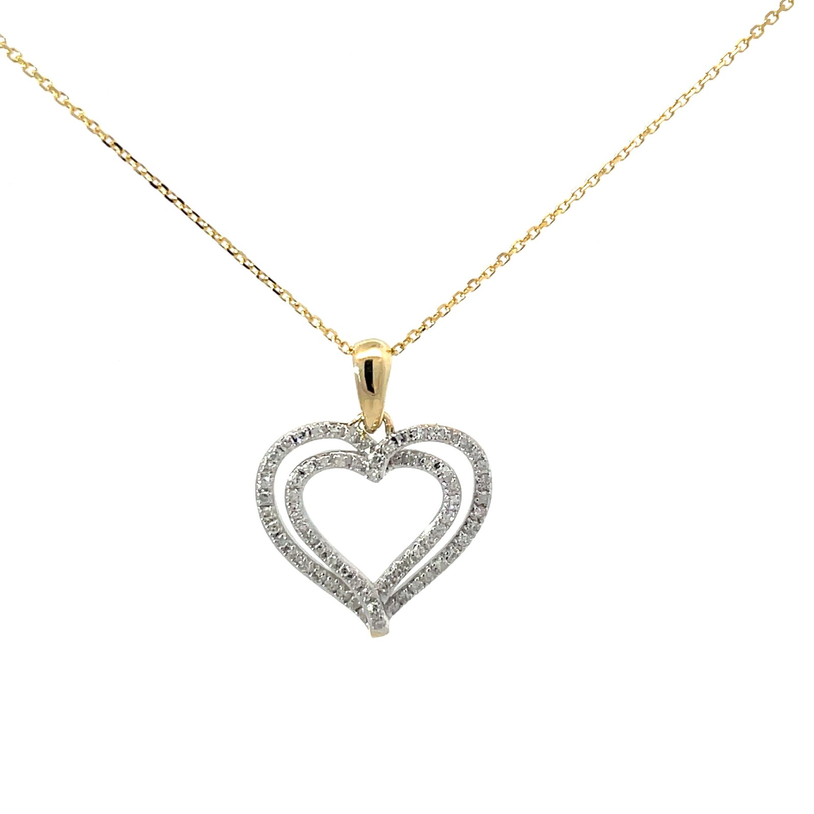 yg .jpg 10kt two tone double diamond heart pendant D tw 0.20cts SI clarity, near colorless H/I color on diamond cut cable chain 18"