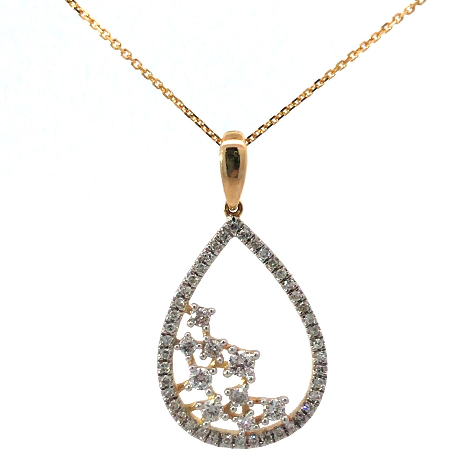 yg .jpg 14kt yellow gold open cut out pear shape diamond pendant D tw 0.40cts on 18" SI1, near colorless H