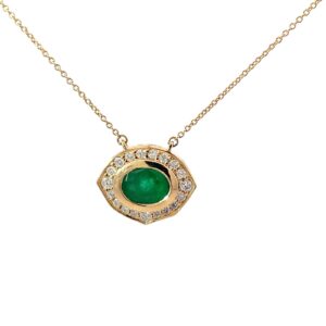 14kt yellow gold genuine emerald and diamond oval halo pendant D tw0.36 E tw1.45cts SI clarity, near colorless H color
