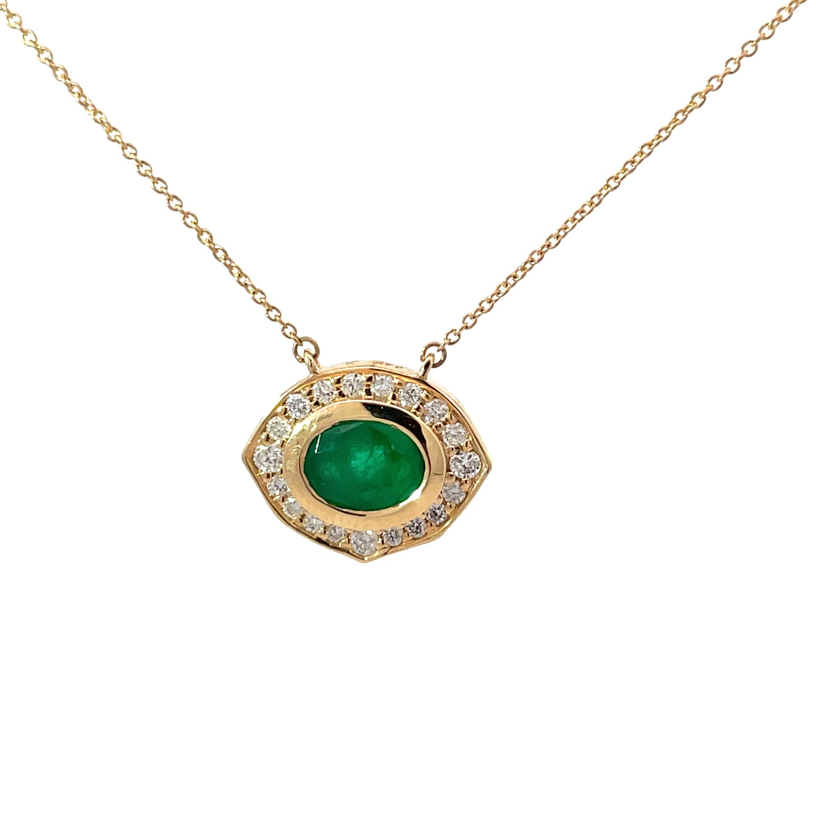 yg .jpg 14kt yellow gold genuine emerald and diamond oval halo pendant D tw0.36 E tw1.45cts SI clarity, near colorless H color