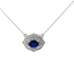14kt white gold diamond and sapphire double halo art deco necklace D tw0.36cts S tw0.93cts SI, near colorless H color