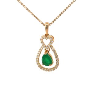 14kt yellow gold diamond and genuine emerald pendant with heart in center D tw 0.21 E tw 0.62cts SI, H