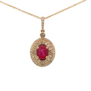 14kt yellow gold diamond and ruby double halo art deco style pendant SI, near colorless H