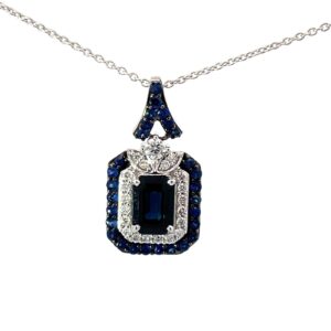 14kt white gold diamond and sapphire emerald cut pendant D tw 0.59cts S tw 1.25cts SI clarity, near colorless H/I color