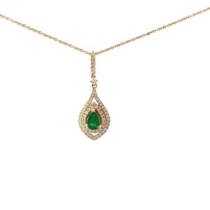 14kt yellow gold diamond and emerald double halo pendant D tw 0.31 E tw 0.35cts SI1, near colorless H