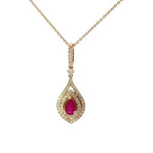 14kt yellow gold diamond and ruby double halo pendant D tw 0.30cts SI, H R tw 0.48cts 18"