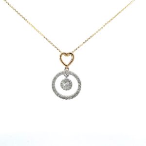 10kt two tone diamond heart and circle drop pendant D tw 0.37cts SI, near colorless G/H on diamond cut cable chain 18"