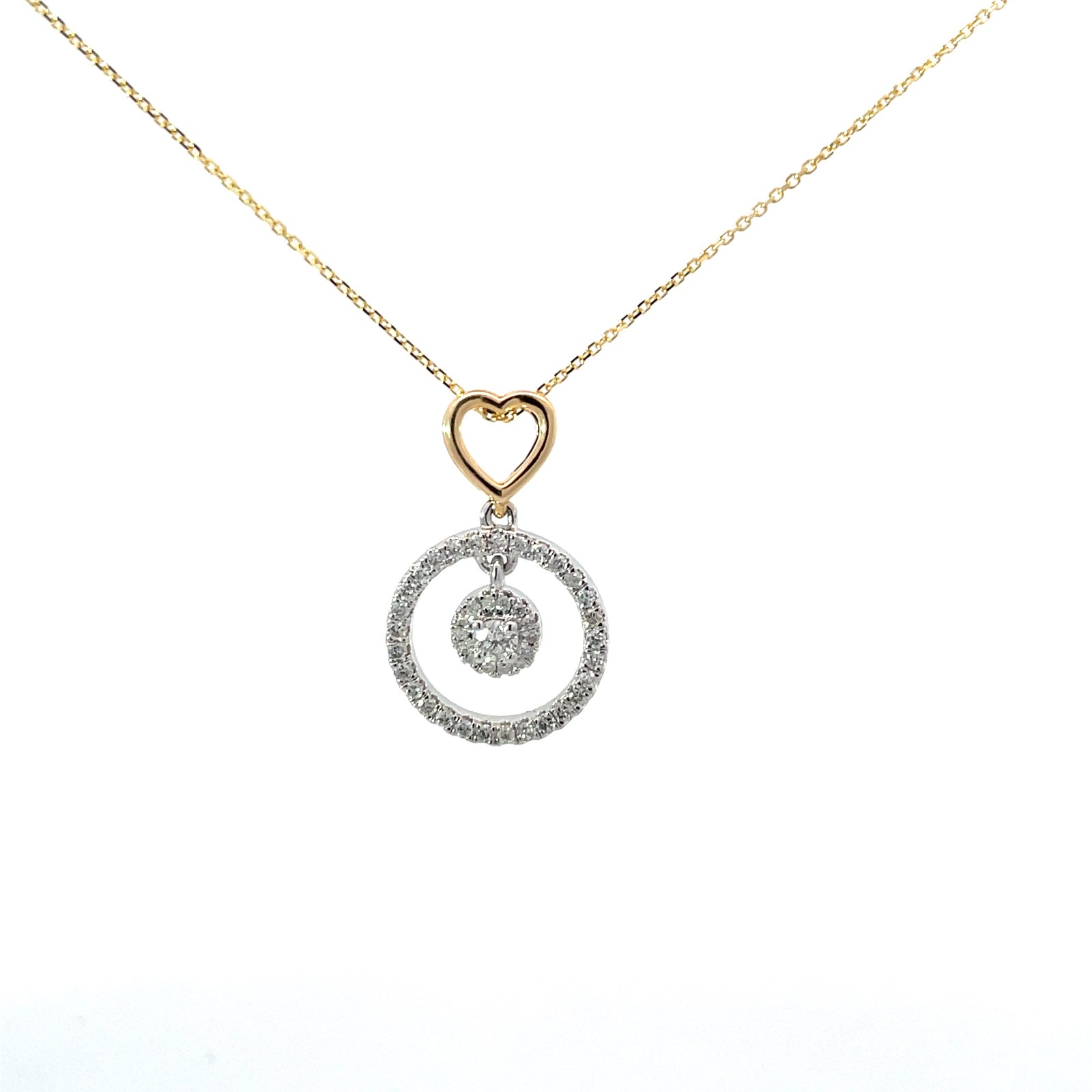 wy .jpg 10kt two tone diamond heart and circle drop pendant D tw 0.37cts SI, near colorless G/H on diamond cut cable chain 18"