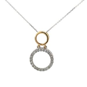 10kt two tone double circle diamond drop pendant D tw 0.24cts SI clarity, near colorless H color on a diamond cut cable chain 18"