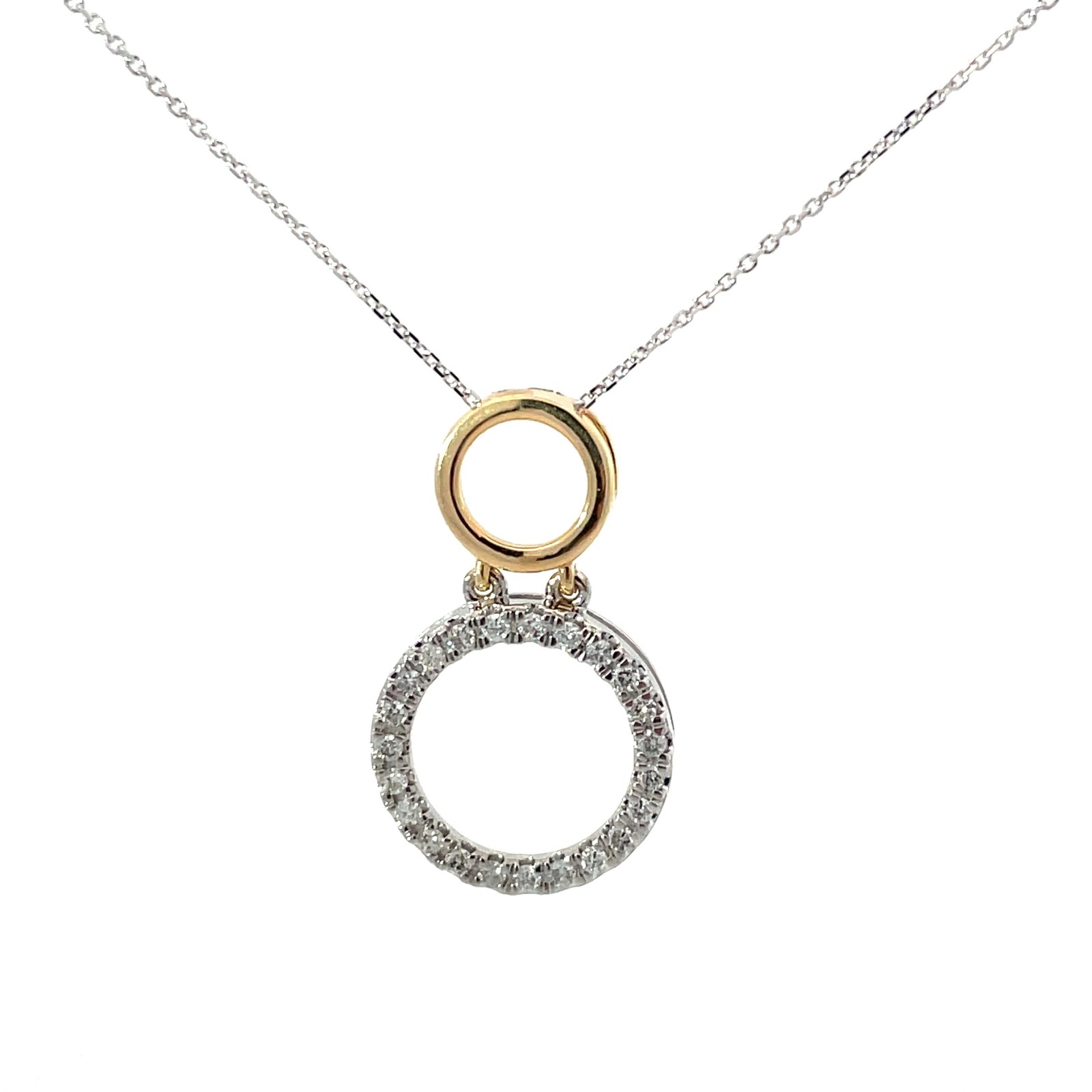 wy .jpg 10kt two tone double circle diamond drop pendant D tw 0.24cts SI clarity, near colorless H color on a diamond cut cable chain 18"