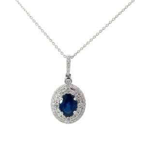 14kt white gold diamond and sapphire double halo pendant SI1, H D tw 0.39cts S tw 1.42cts