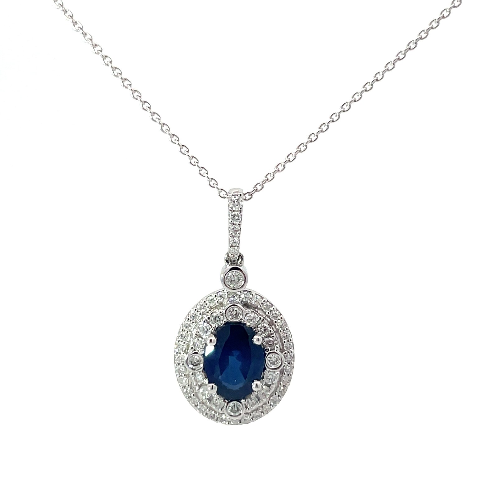 wg 14kt white gold diamond and sapphire double halo pendant SI1, H D tw 0.39cts S tw 1.42cts