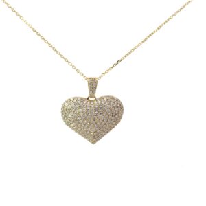 10kt yellow gold diamond puffead pave heart D tw 3.21cts on a diamond cut cable chain 18"