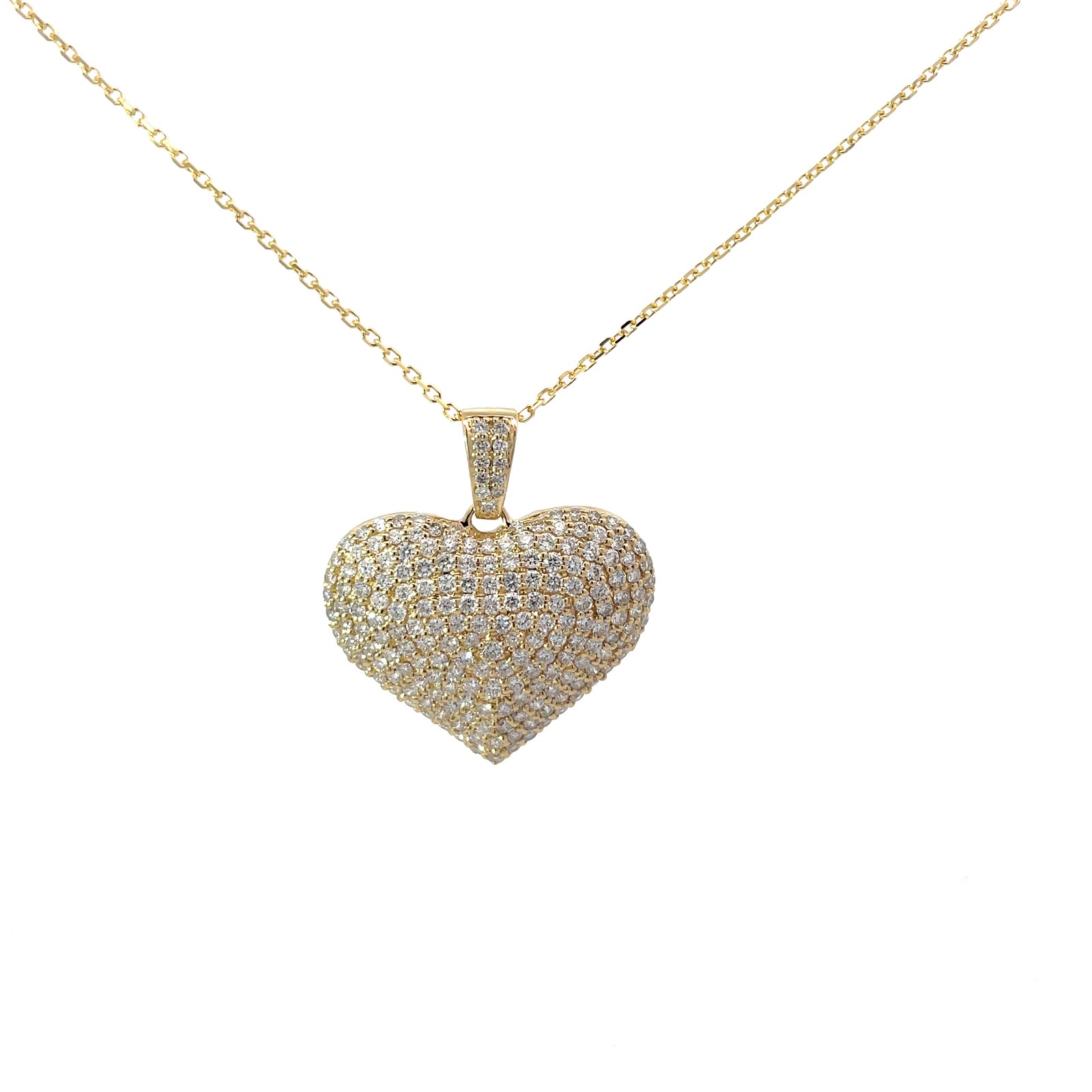 aly .jpg 10kt yellow gold diamond puffead pave heart D tw 3.21cts on a diamond cut cable chain 18"