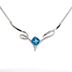 Sterling Silver genuine blue topaz freeform necklace on link chain with claw catch