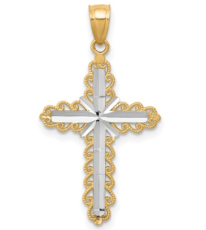 10kt two tone rhodium plated diamond cut center cross charm