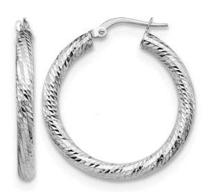 10kt white gold rhodium plated 3mm by 20mm diamond cut round hoop earring