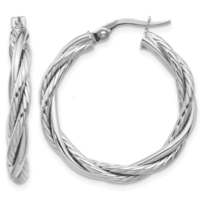 10kt white gold rhodium plated twisted textures and high polished hoop earring