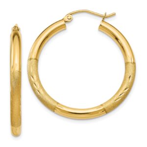 10kt yellow gold shiny, brushed and diamond cut medium hoop earring