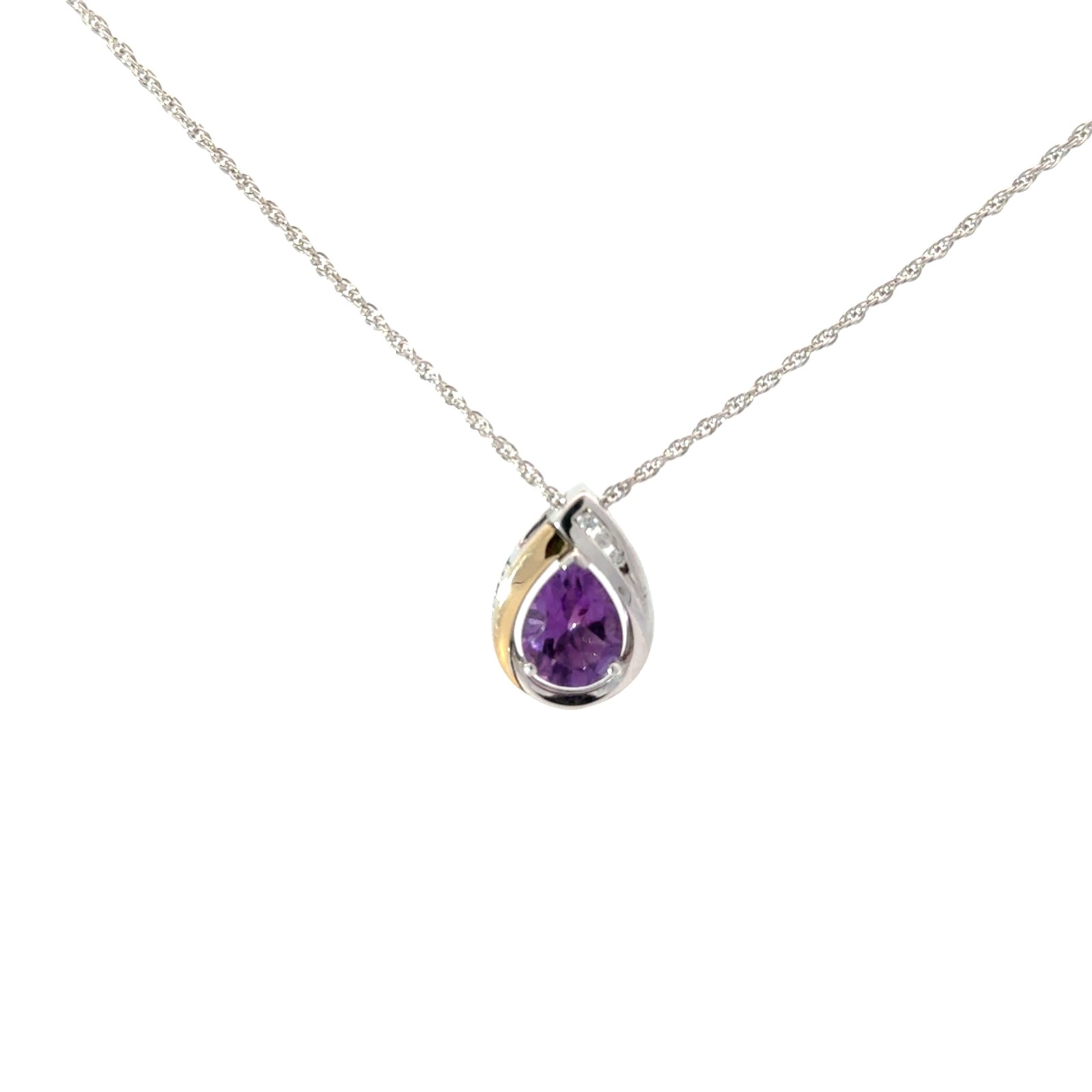 .jpg Sterling Silver and 14kt yellow gold amethyst and diamond pendant on machine made rope 18"