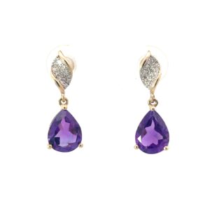 10kt yellow gold amethyst and diamond dangle twisted earring D tw 0.10cts I1 clarity, J color
