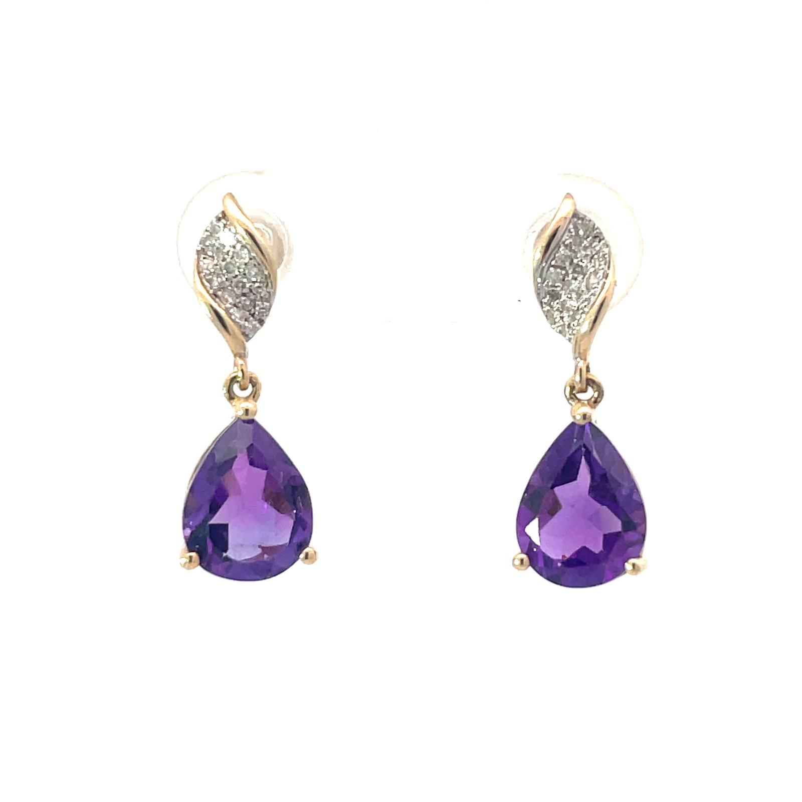 .jpg 10kt yellow gold amethyst and diamond dangle twisted earring D tw 0.10cts I1 clarity, J color