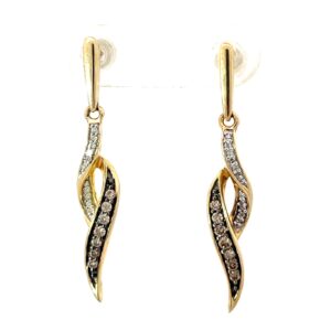 10kt yellow gold chocolate and white diamond dangle earring tw 0.25cts