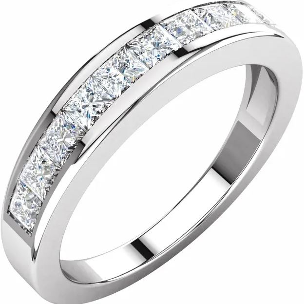 14kt white gold diamond channel set princess cut band tw 1.30cts SI, near colorless H/I color