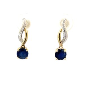 10kt yellow gold diamond and sapphire drop earring D tw 0.10cts SI2 clarity, near colorless I color